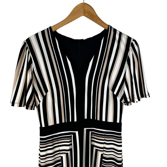London Times Women's Striped Knee Jersey Midi Dress Black Taupe Career Office - Picture 5 of 11